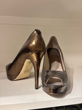 Michael Kors Metallic Bronze Snakeskin Peep-Toe Heels